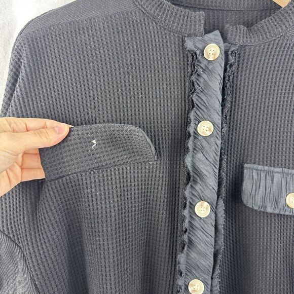 Chouyatou Black Waffleknit Oversized Button Up Shirt Jacket Lounge Womens L - Picture 8 of 13